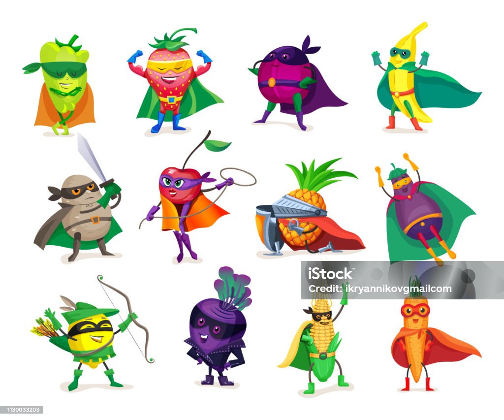 Ilustración de Divertidos Personajes De Dibujos Animados Verduras Y Frutas  En Disfraces De Superhéroes y más Vectores Libres de Derechos de Fruta -  iStock