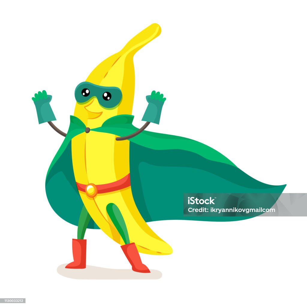 Cute banana in cloak superhero, mask, joyfully raising up hands. Funny cartoon character fruit in superhero costume. Concept of healthy diet, natural vegetarian organic products. Cute fruit banana in cloak super hero, mask, raising up hands. Vector illustration. Banana stock vector