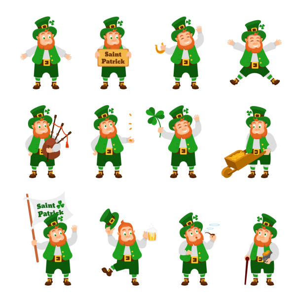 ilustraciones, imágenes clip art, dibujos animados e iconos de stock de juego de carácter fantástico irlandés gracioso, duende en diferentes poses. - leprechauns
