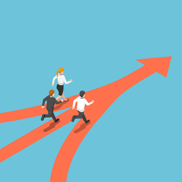 Isometric business people came from different way but have same target Flat 3d isometric business people came from different way but have same target. Business team and target concept. cartoon of conclusion stock illustrations
