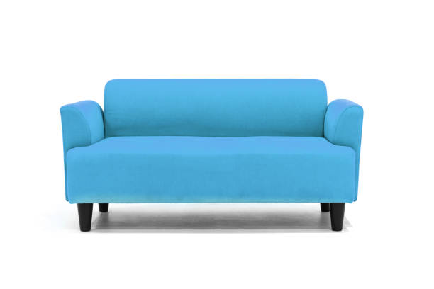 istock Light blue Scandinavian style contemporary sofa on white background with modern and minimal furniture design for stylish living room. 1130036776