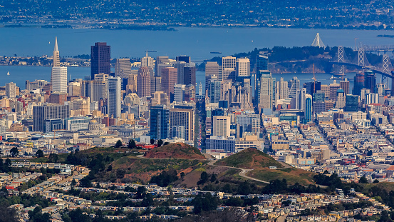 Aerial view of Downtown San Francisco skyline on a sunny day, California