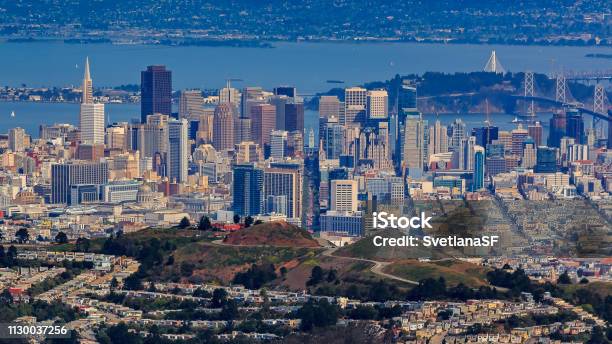 Aerial View Of Downtown San Francisco And Financial District Skyline With Sutro Tower In The Foreground Flying Over Twin Peaks Stock Photo - Download Image Now