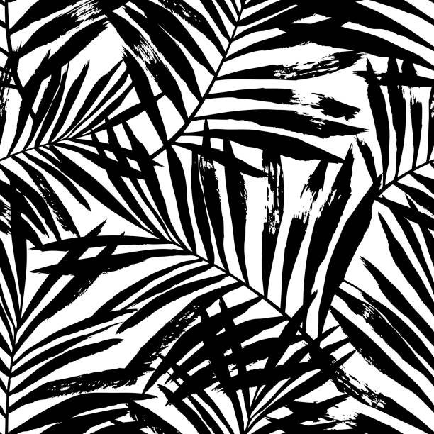 ręcznie malowane czarne wektorowe liście palmowe. - backgrounds tropical climate repetition pattern stock illustrations