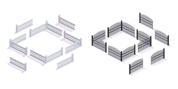 каменные, металлические 3d заборы, с воротами, для сада, городской архитектуры. - level rod stock illustrations
