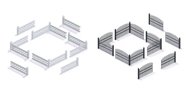 Vector illustration of Stone, metal 3D fences, with gates, for garden, urban architecture.