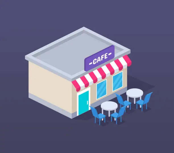 Vector illustration of Realistic 3D isometric of exterior facade, building of cafe, restaurant.