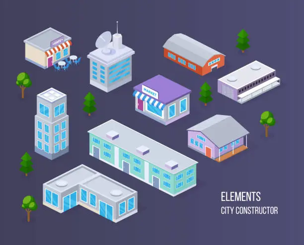 Vector illustration of Realistic 3D isometric buildings: cafe, shop, business centers, farm warehouse.