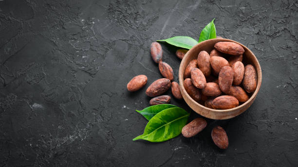 istock Cocoa beans in a bowl on a black background. Top view. Free copy space. 1130048278