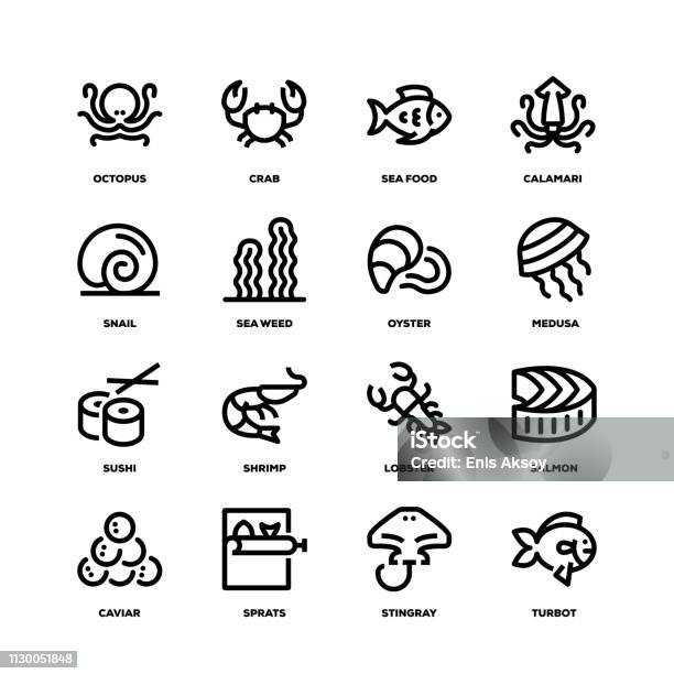 Sea Food Line Icons Stock Illustration - Download Image Now - Icon Symbol, Oyster, Fish Farm