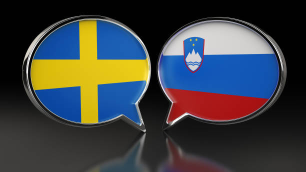 istock Sweden and Slovenia flags with Speech Bubbles. 3D illustration 1130053423