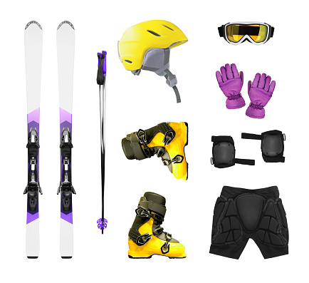 Ski equipment and accessories isolated on white background. Ski boots, helmet, gloves, etc.
