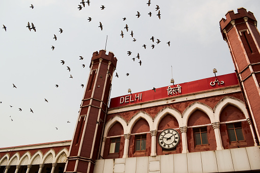 Delhi, India - April, 2014: Flock of flying birds above the Old Delhi railway station (Delhi Junction) building with two towers and clock made with red stone. India