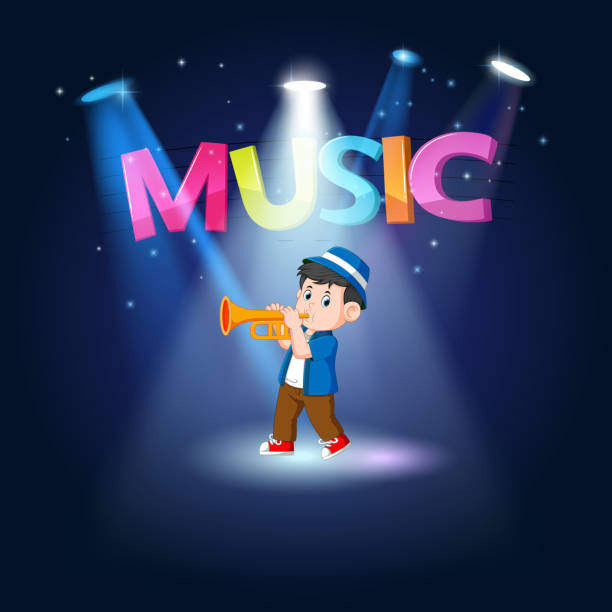 молодой человек играет тромбон на сцене - trombone clip stock illustrations