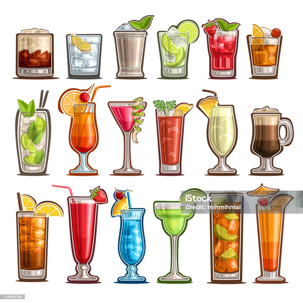 Vector set of tropical Cocktails Vector set of tropical Cocktails, 18 cut out classic cocktails with design garnish: white russian, bloody mary or caesar sunday with lemon, sweet pina colada, cold cuba libre with cola for bar menu. Cocktail stock vector