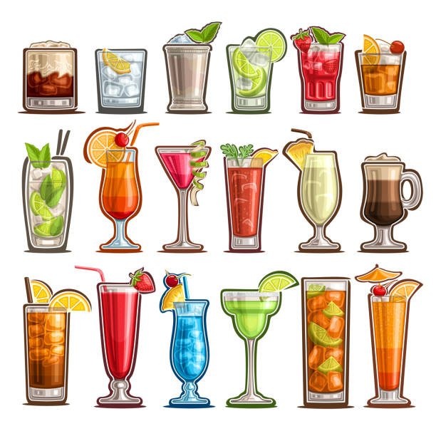 Vector set of tropical Cocktails Vector set of tropical Cocktails, 18 cut out classic cocktails with design garnish: white russian, bloody mary or caesar sunday with lemon, sweet pina colada, cold cuba libre with cola for bar menu. bartender illustrations stock illustrations
