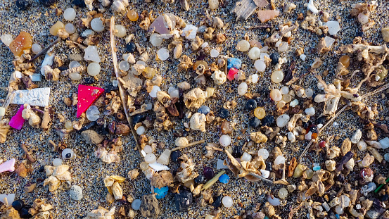 Microplastics found on the shore of a beach in Lanzarote. Sea pollution by plastic, Canary Islands