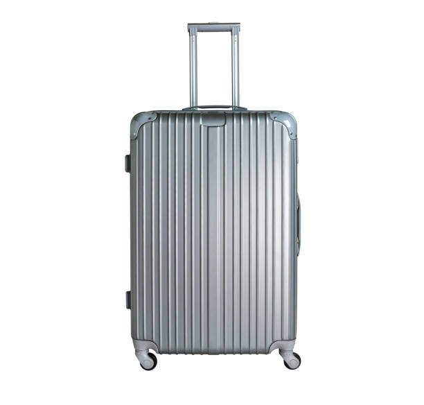 istock Gray suitcase isolated on white background. Polycarbonate suitcase isolated on white. Gray suitcase. 1130059088