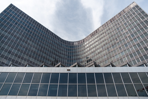 Brussels Central Station exterior viewed from a low angle