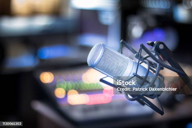 Microphone In A Professional Recording Or Radio Studio Equipment In The Blurry Background Stock Photo - Download Image Now