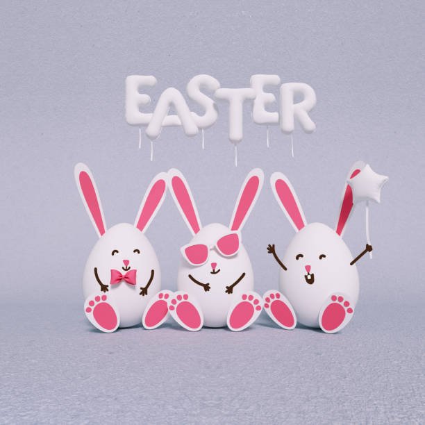 Easter concept, funny bunny rabbit decorated eggs, holiday party celebration, 3d rendering