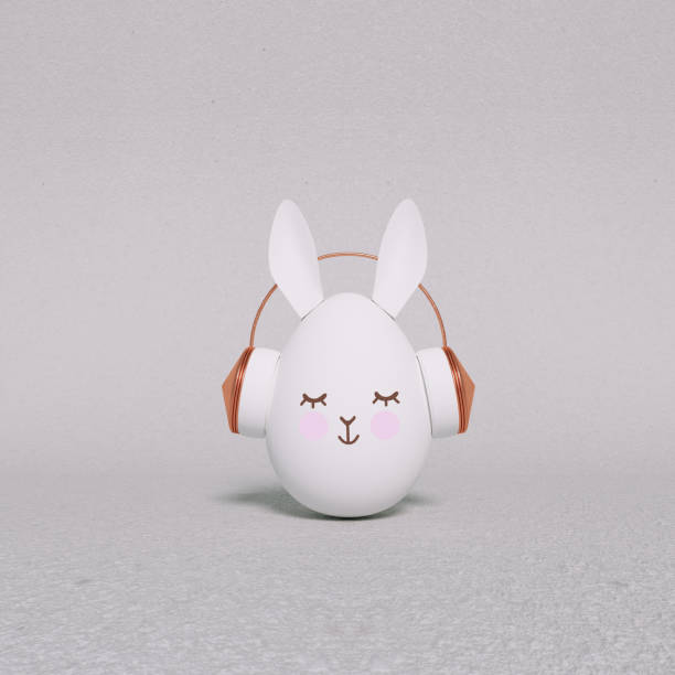 easter egg with headphones and bunny rabbit ears music listening. funny easter holiday minimal concept. 3d rendering - easter animal egg eggs single object imagens e fotografias de stock