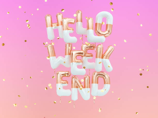 istock Hello Weekend gold text on pink girly background, creative cool banner 3d rendering 1130066972
