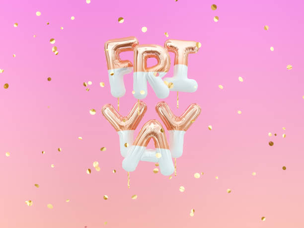 istock FriYay text sign letters with golden confetti. Friday celebration banner. 3d rendering 1130067014