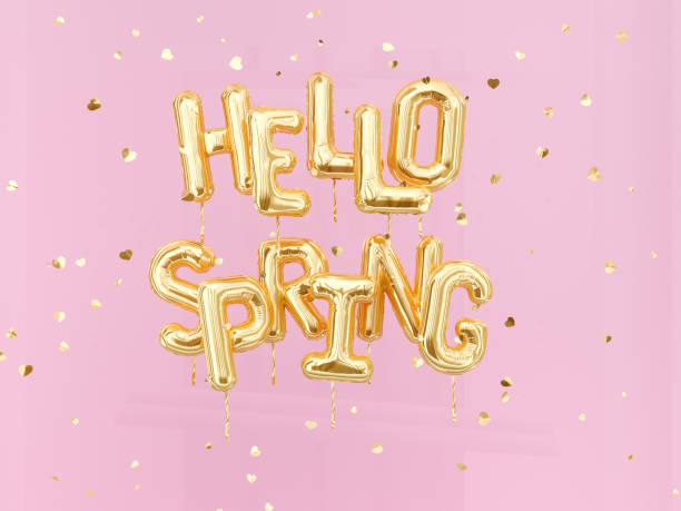 istock Hello Spring banner balloons gold text on pink confetti background, 3d rendering 1130067074
