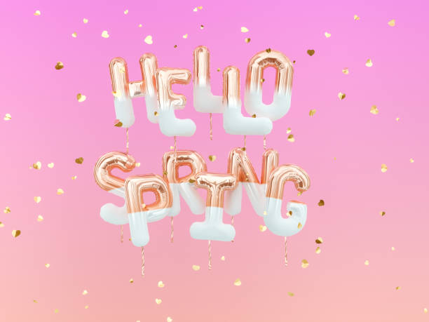 istock Hello Spring balloons gold text on pink confetti background, bright colors creative springtime banner. 3d rendering 1130067119