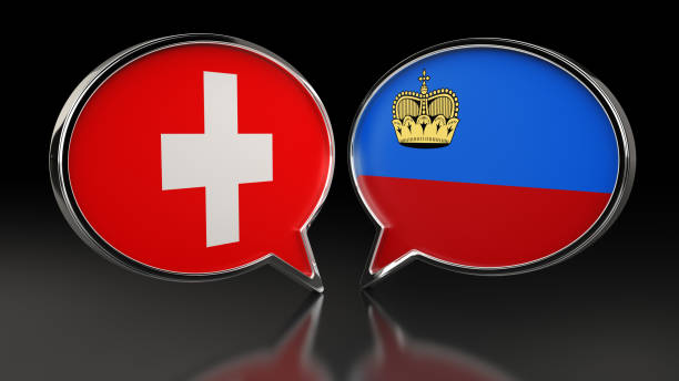 flagi szwajcarii i liechtensteinu z dymkami. ilustracja 3d - switzerland flag computer graphic digitally generated image zdjęcia i obrazy z banku zdjęć