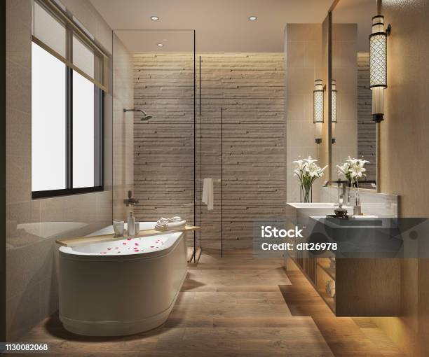 3d Rendering Modernes Bad Mit Luxuriösen Fliesendekor Stockfoto und mehr Bilder von Bathroom