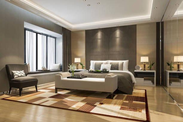 istock 3d rendering beautiful luxury bedroom suite in hotel with mirror wardrobe 1130082076
