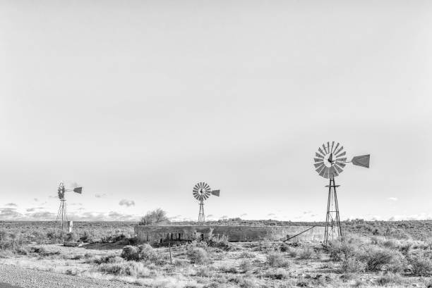 istock Monochrome landscape with three water-pumping windmills and dam 1130083798