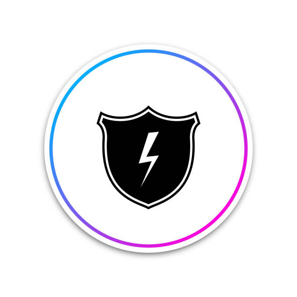 ilustrações de stock, clip art, desenhos animados e ícones de secure shield with lightning icon isolated on white background. circle white button. vector illustration - honor guard flash