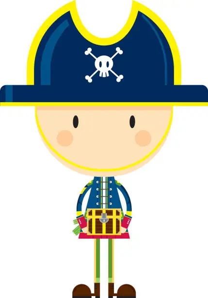 Vector illustration of Cartoon Big Head Pirate Captain with Treasure Chest