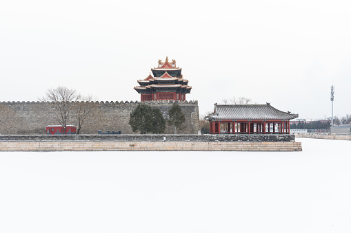 Beijing Forbidden City corner tower in snow