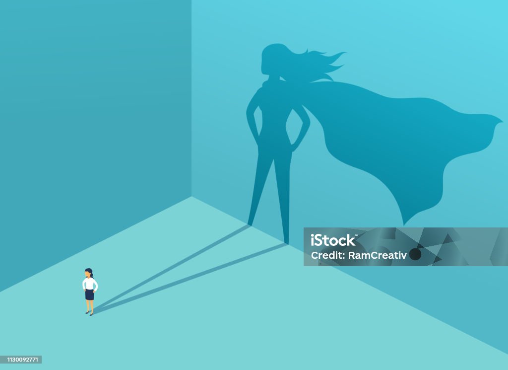 Empresaria con superhéroe de sombra. Super manager líder en el negocio. Concepto de éxito, calidad de liderazgo, confianza, emancipación. Ilustración de vector - arte vectorial de Superhéroe libre de derechos