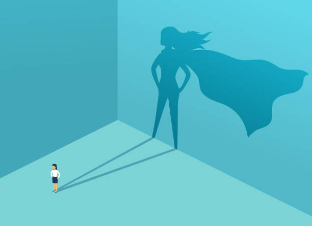 Businesswoman with shadow superhero. Super manager leader in business. Concept of success, quality of leadership, trust, emancipation. Vector illustration Businesswoman with shadow superhero. Super manager leader in business. Concept of success, quality of leadership, trust, emancipation. Vector illustration fearless stock illustrations