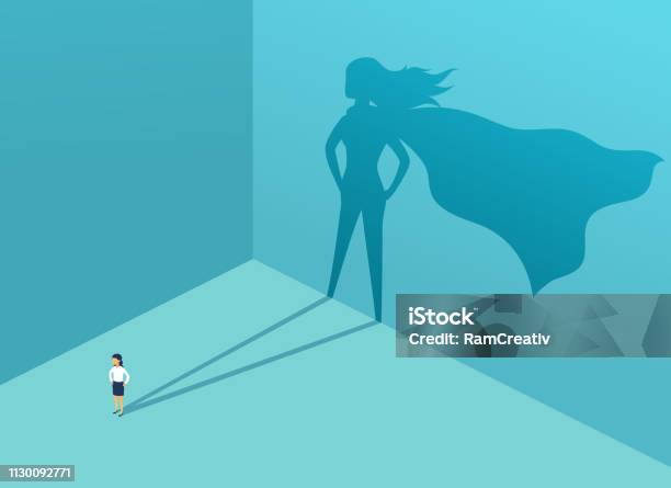 Businesswoman With Shadow Superhero Super Manager Leader In Business Concept Of Success Quality Of Leadership Trust Emancipation Vector Illustration Stock Illustration - Download Image Now
