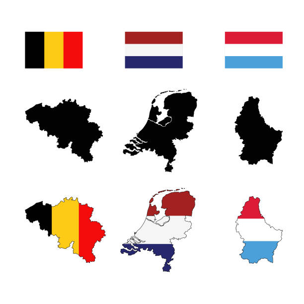illustrazioni stock, clip art, cartoni animati e icone di tendenza di mappe e bandiere dei paesi del benelux - bandiera del belgio