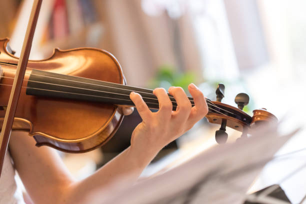 chica joven felizmente juega en su violín - practicing music violin women fotografías e imágenes de stock