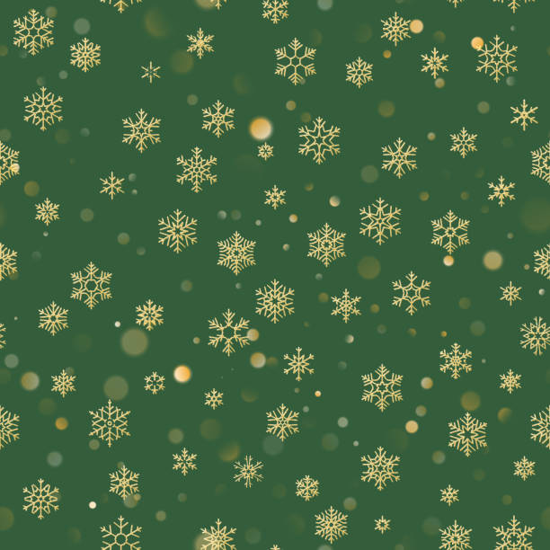 ilustraciones, imágenes clip art, dibujos animados e iconos de stock de patrón sin fisuras de navidad con copos de nieve de oro sobre fondo verde. diseño para la decoración de navidad y año nuevo en vacaciones. eps 10 - pattern christmas paper seamless christmas