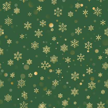 Christmas seamless pattern with gold snowflakes on green background. Holiday design for Christmas and New Year decoration. EPS 10 vector file