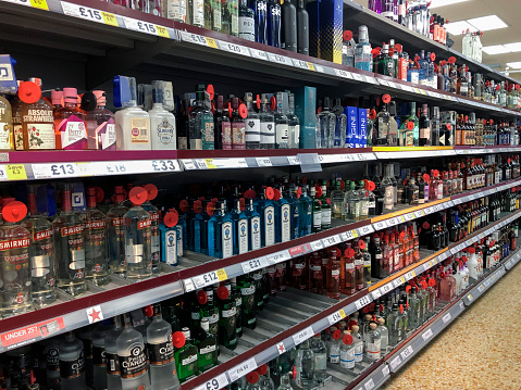 Wide range of alcohol for sale in a British supermarket.