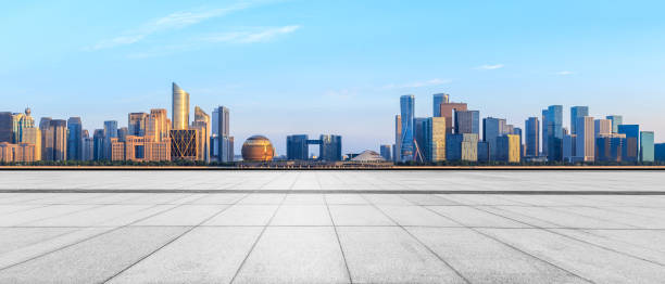 istock Empty floor and Hangzhou city skyline with buildings 1130103547