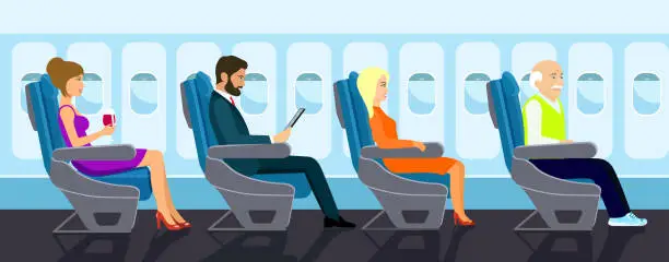 Vector illustration of Passenger old man, young beautiful girls and businessman character sitting in chair on the plane . Vector flat style illustration.