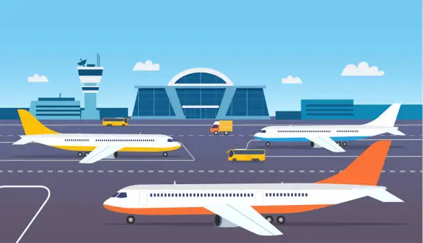 Vector illustration of Airport building exterior with buses and airplanes. Vector flat style illustration.