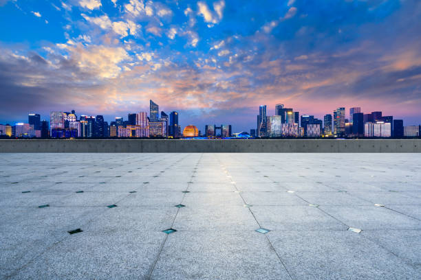 istock Empty floor and beautiful city night view in Hangzhou 1130104578