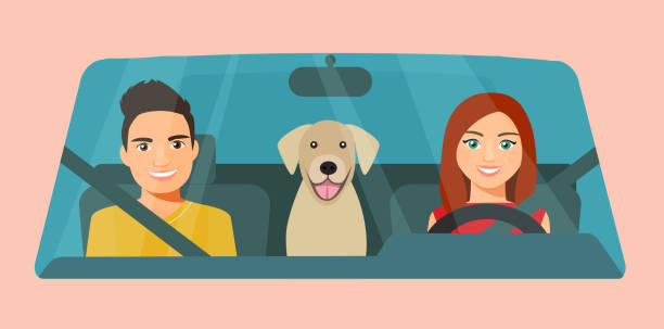 illustrazioni stock, clip art, cartoni animati e icone di tendenza di famiglia divertente con cane che guida davanti all'auto. illustrazione vettoriale in stile piatto - dog car